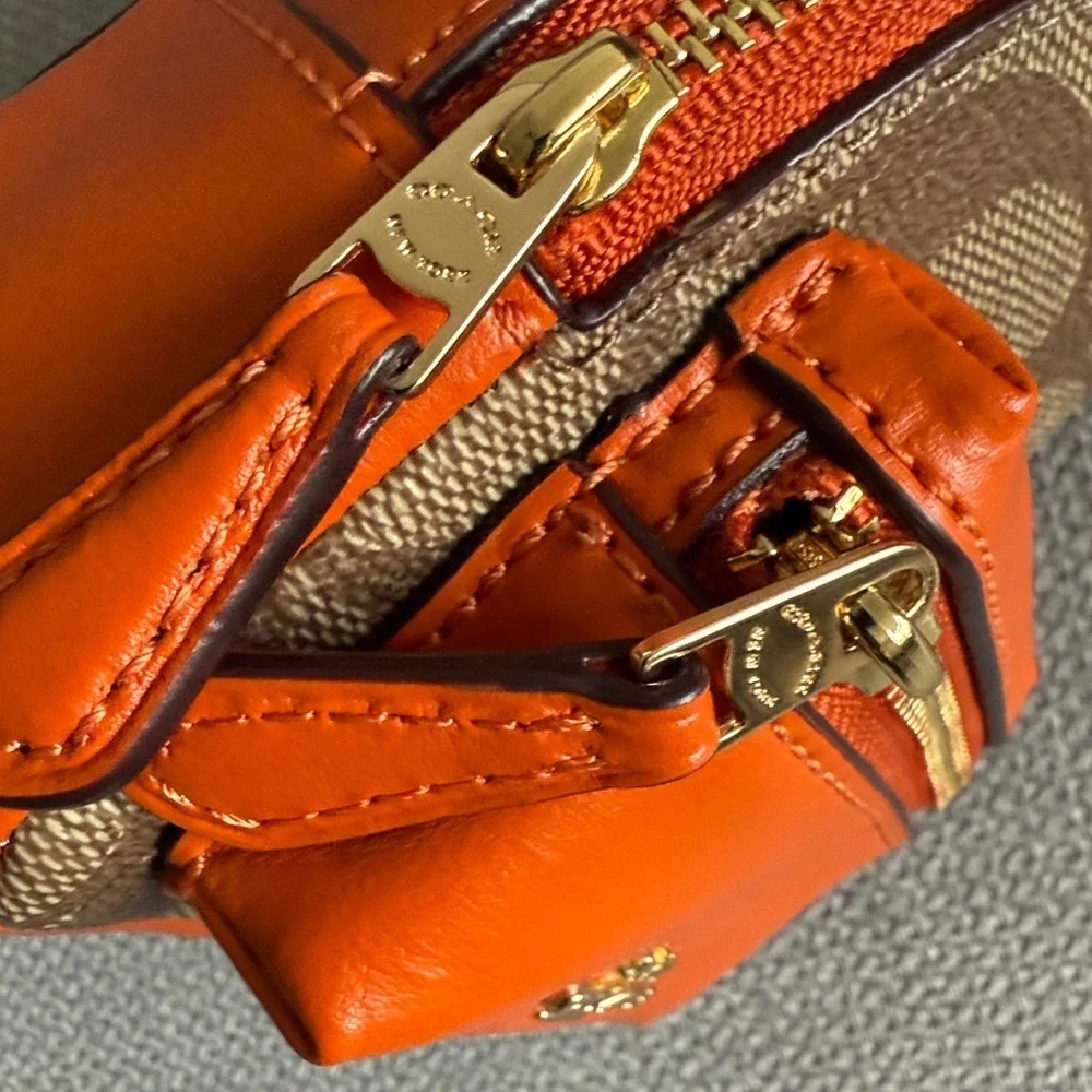 New Coach Mini Court Backpack Bag Charm In Signature Canvas Brown and Orange